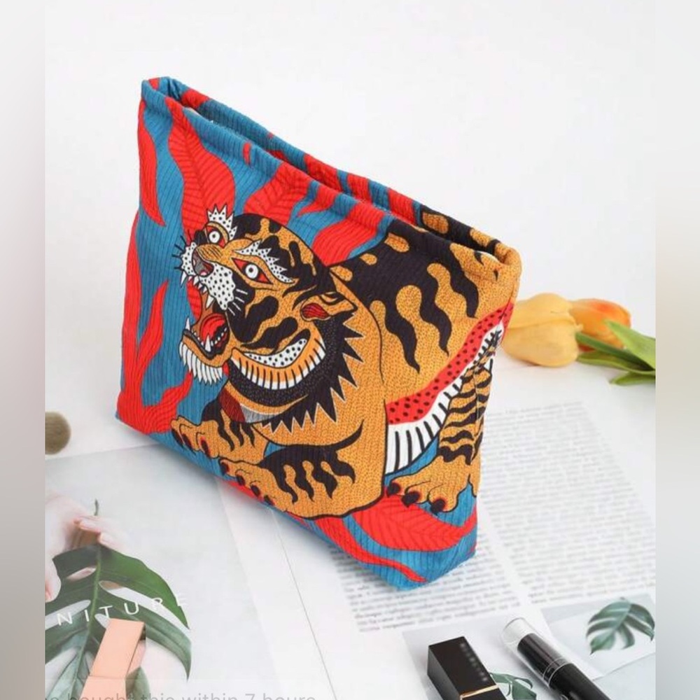 Vacation Tiger Pattern Corduroy Makeup Bag
